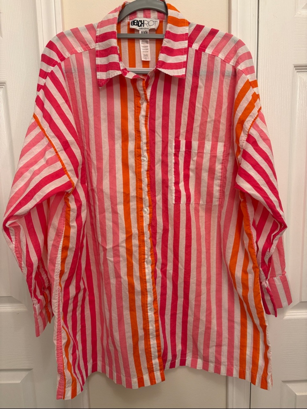 Get Pool Ready! Beach Riot Pink, Orange & White Striped Button-Up Swim Cover-Up
